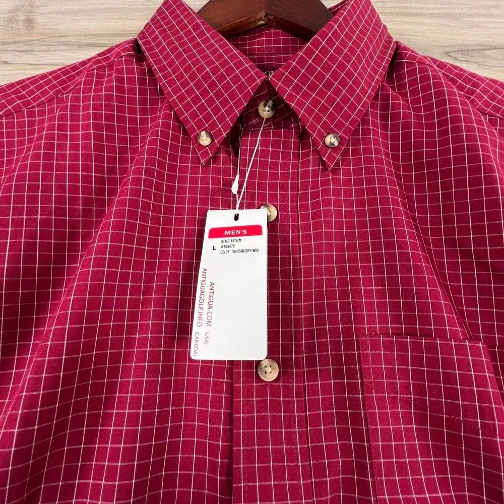 Antigua Esteem Mens Red White Grid Check Button Down Shirt Large NWT